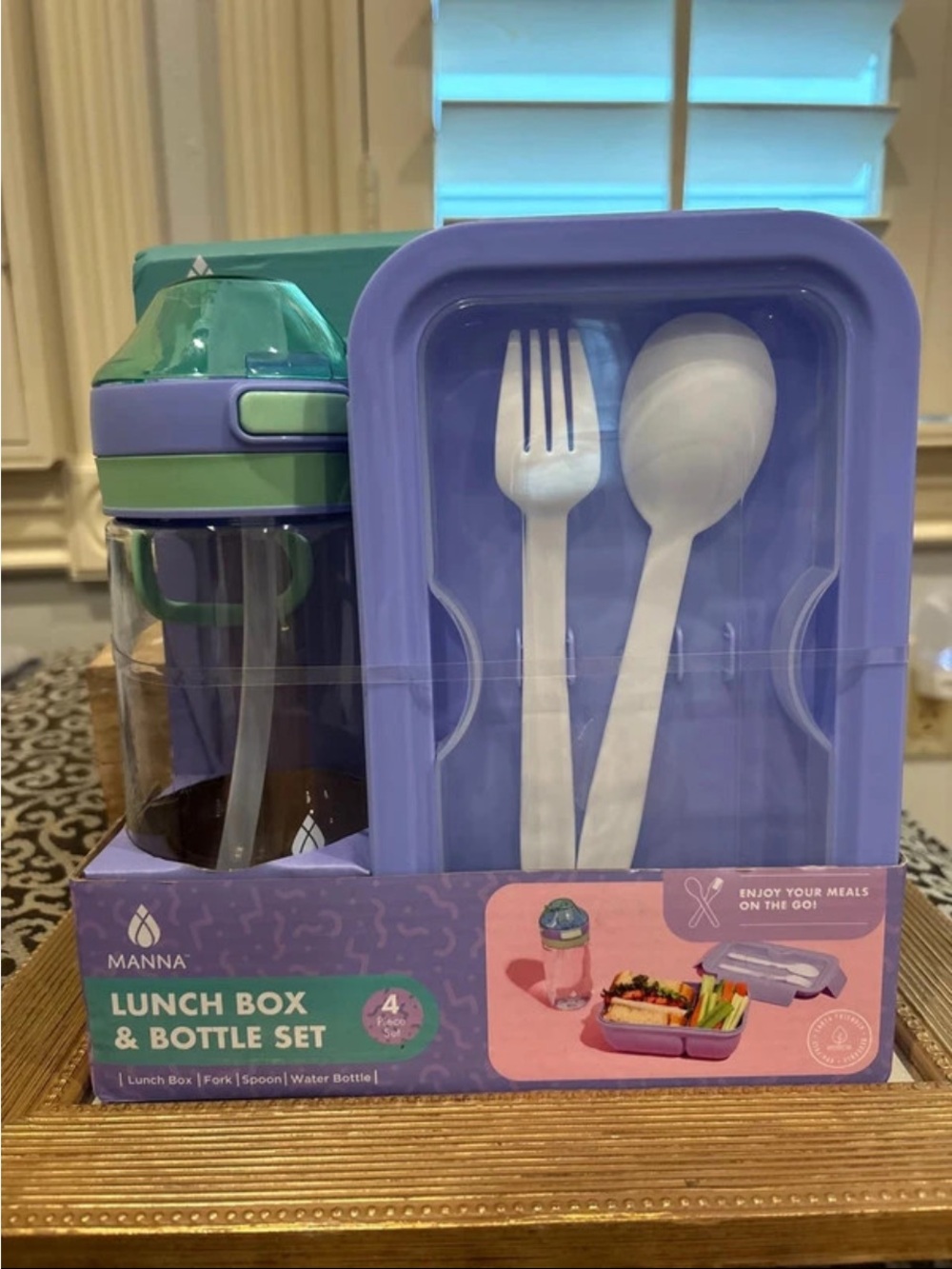 Anna Purple and Green Kids Lunch Box & Bottle Set with Utensils